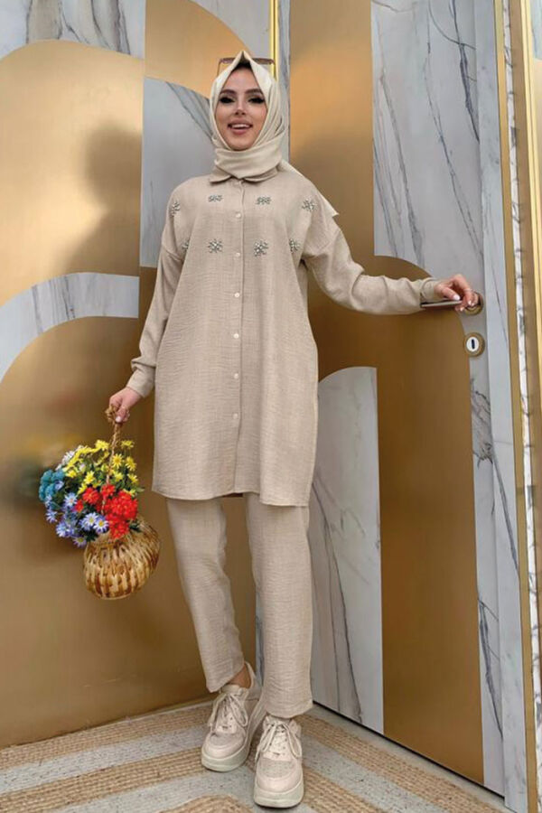 Taş Detaylı Düğmeli Tunik ve Pantolonlu İkili Takım 8404 Vizon - 6