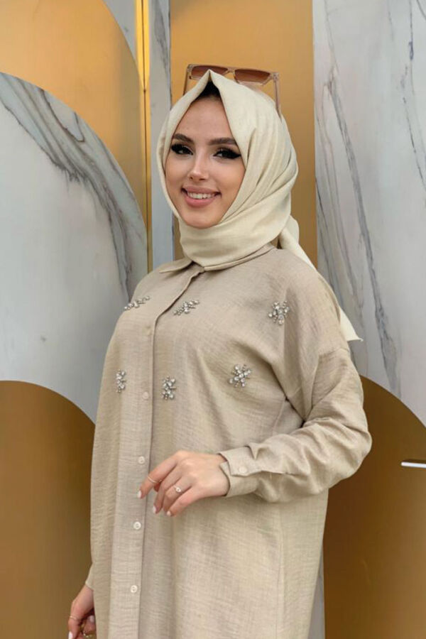 Taş Detaylı Düğmeli Tunik ve Pantolonlu İkili Takım 8404 Vizon - 8