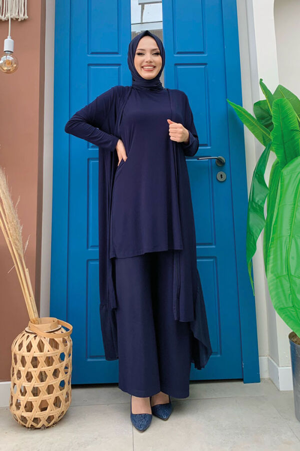 Костюм Chiffon Ruffle Look Abaya Trio 8411 Темно-Синий - 5