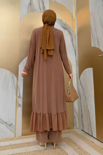 Chiffon-Rüschen-Look-Abaya-Trio-Set 8411 Tabak - 7