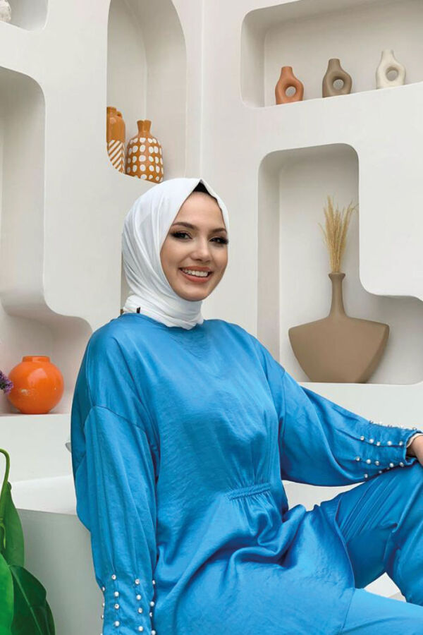 Ön Büzgü Detaylı İnci İşleme Detaylı İkili Takım 8416 Mavi - 8