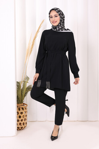 Püskül Detaylı Tunikli Pantolon İkili Takım 8424 Siyah 