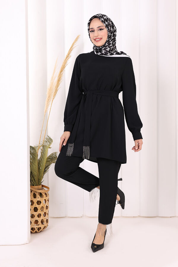 Püskül Detaylı Tunikli Pantolon İkili Takım 8424 Siyah - 1