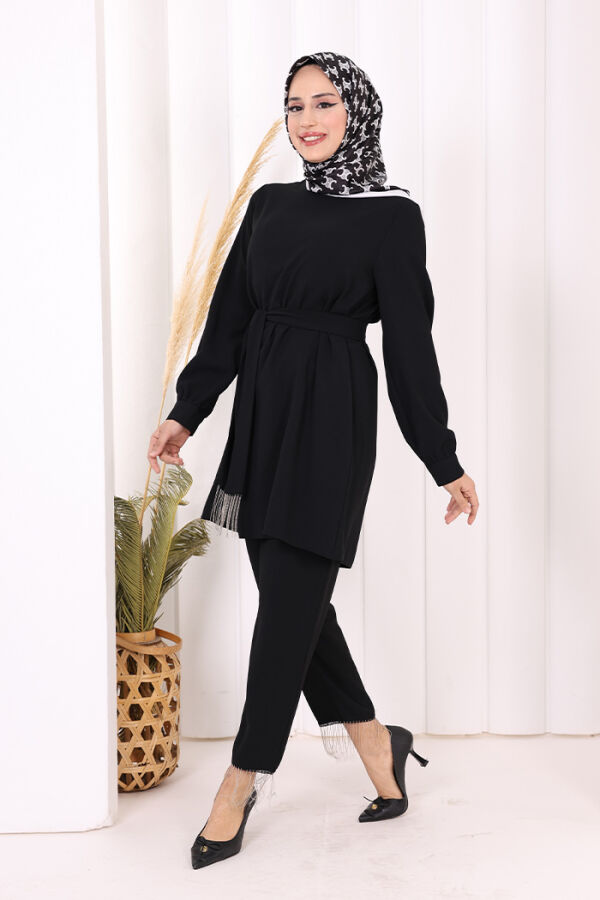Püskül Detaylı Tunikli Pantolon İkili Takım 8424 Siyah - 2