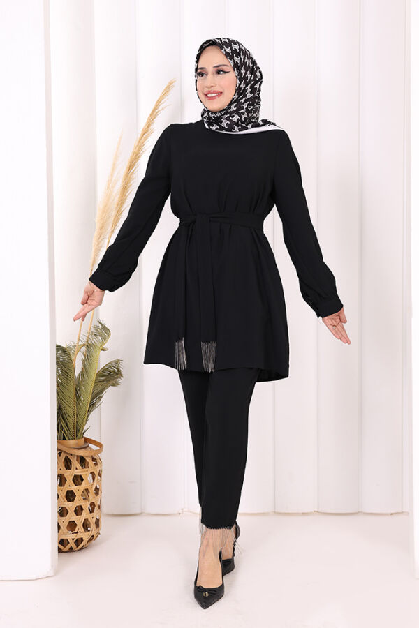 Püskül Detaylı Tunikli Pantolon İkili Takım 8424 Siyah - 3