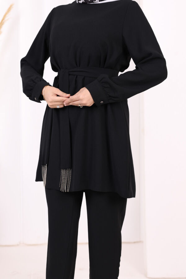 Püskül Detaylı Tunikli Pantolon İkili Takım 8424 Siyah - 5