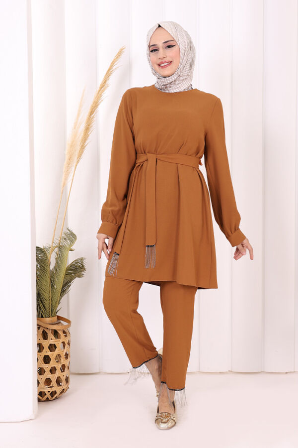 Püskül Detaylı Tunikli Pantolon İkili Takım 8424 Taba - 1
