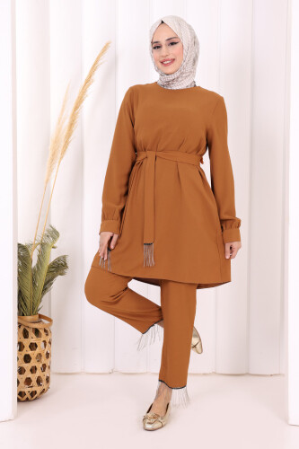 Püskül Detaylı Tunikli Pantolon İkili Takım 8424 Taba - 2