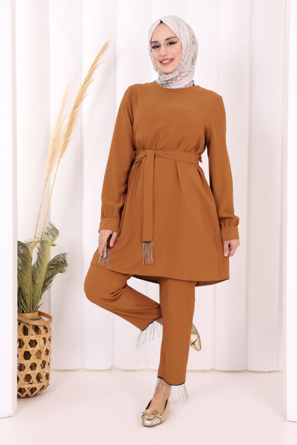Püskül Detaylı Tunikli Pantolon İkili Takım 8424 Taba - 2