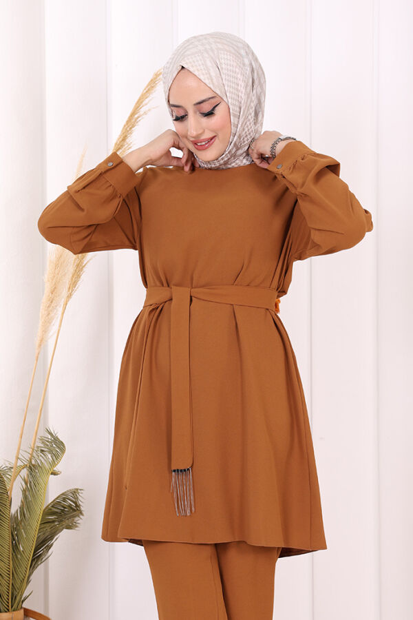 Püskül Detaylı Tunikli Pantolon İkili Takım 8424 Taba - 5