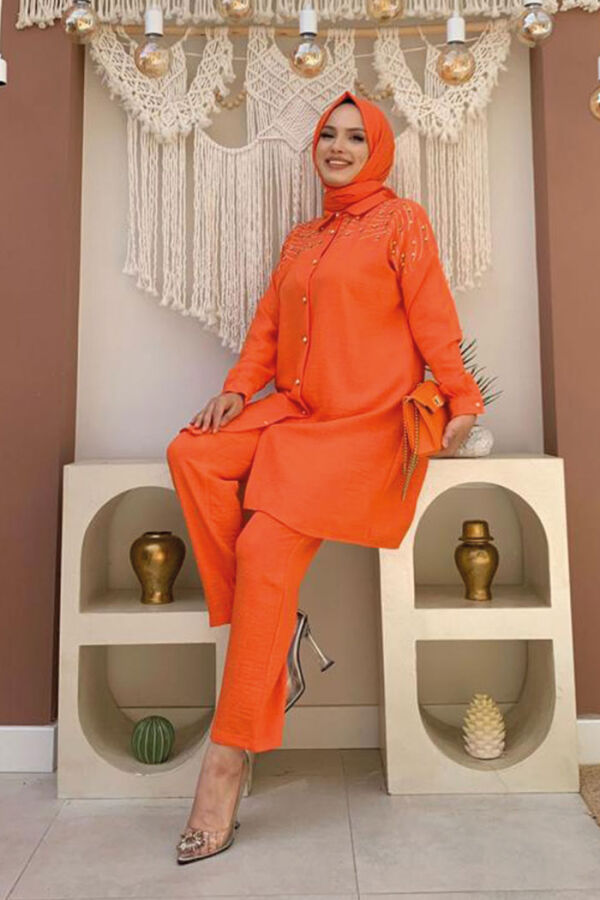 Omuz Taş İşlemeli Düğmeli Tunik ve Pantolon Takım 8430 Oranj - 7