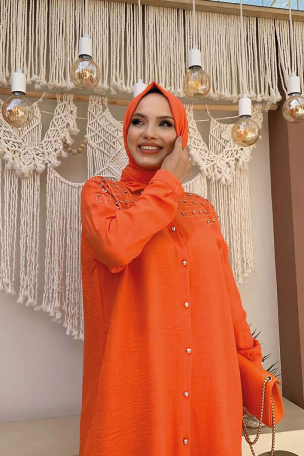 Omuz Taş İşlemeli Düğmeli Tunik ve Pantolon Takım 8430 Oranj - 8