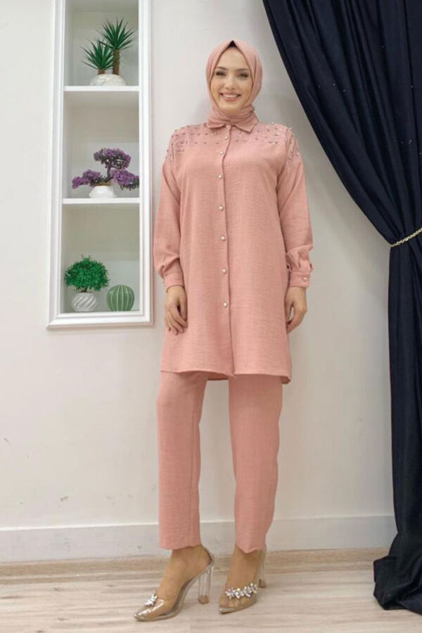 Omuz Taş İşlemeli Düğmeli Tunik ve Pantolon Takım 8430 Pudra - 7