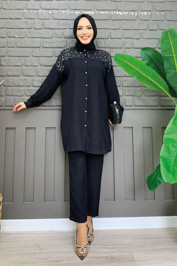 Omuz Taş İşlemeli Düğmeli Tunik ve Pantolon Takım 8430 Siyah - 5