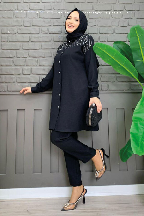 Omuz Taş İşlemeli Düğmeli Tunik ve Pantolon Takım 8430 Siyah - 6
