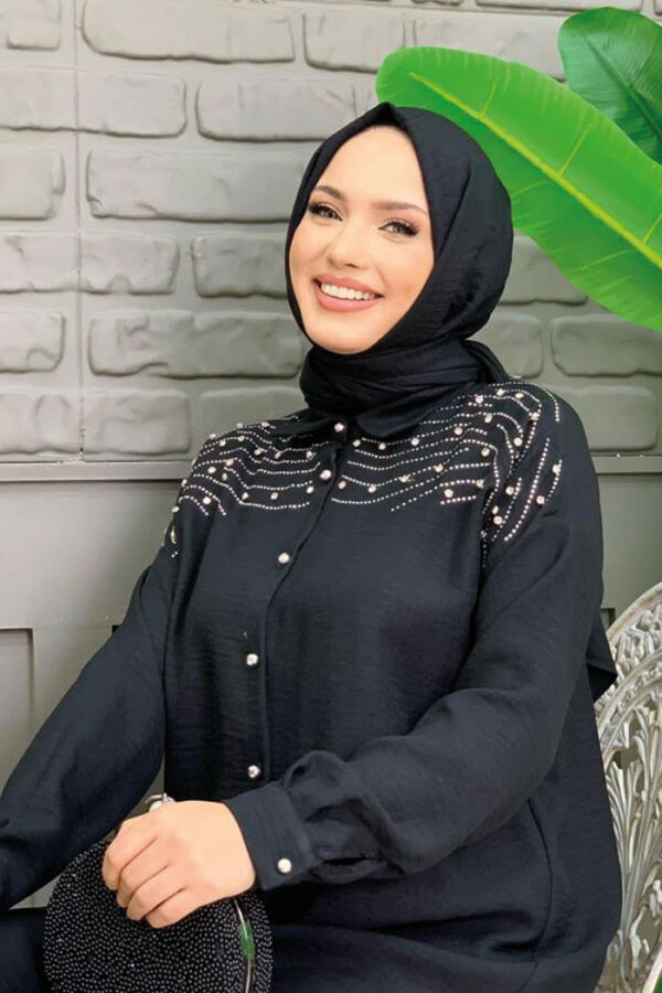 Omuz Taş İşlemeli Düğmeli Tunik ve Pantolon Takım 8430 Siyah - 7