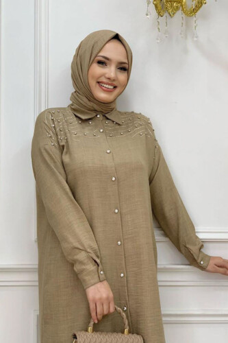 Omuz Taş İşlemeli Düğmeli Tunik ve Pantolon Takım 8430 Vizon - 8