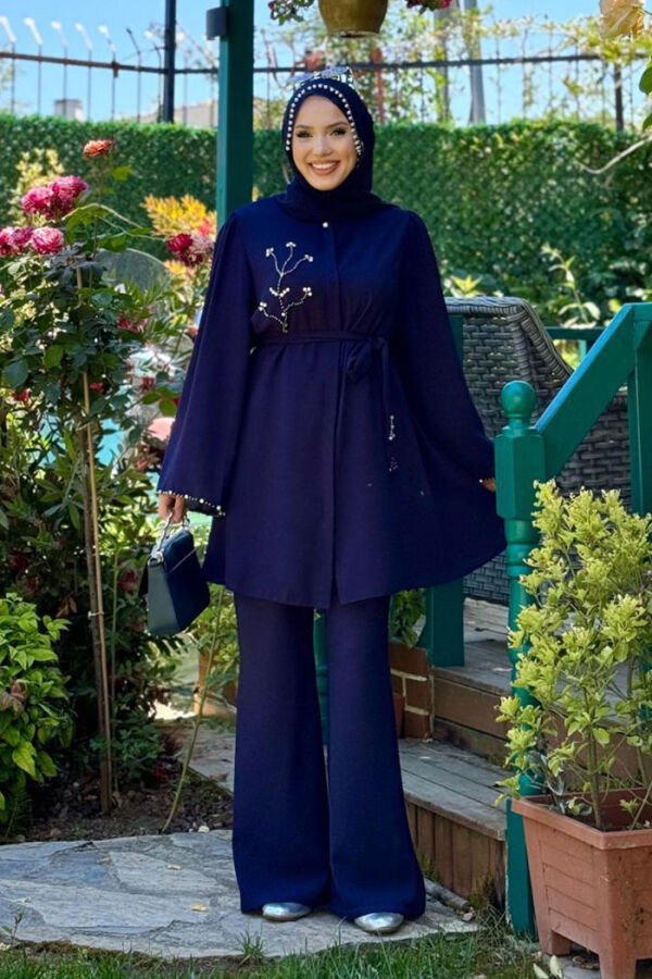 Taş İşleme Detaylı Kuşaklı Tunik ve Pantolonlu Takım 8432 Lacivert - 1