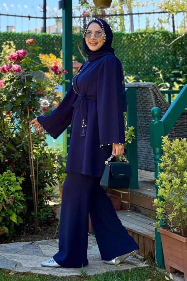 Taş İşleme Detaylı Kuşaklı Tunik ve Pantolonlu Takım 8432 Lacivert - 2
