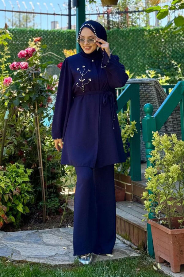 Taş İşleme Detaylı Kuşaklı Tunik ve Pantolonlu Takım 8432 Lacivert - 3