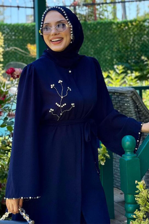 Taş İşleme Detaylı Kuşaklı Tunik ve Pantolonlu Takım 8432 Lacivert - 4