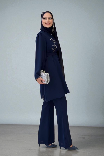 Taş İşleme Detaylı Kuşaklı Tunik ve Pantolonlu Takım 8432 Lacivert - 3