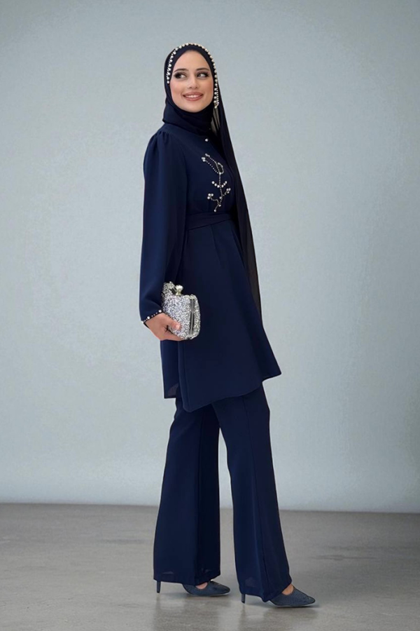 Taş İşleme Detaylı Kuşaklı Tunik ve Pantolonlu Takım 8432 Lacivert - 3
