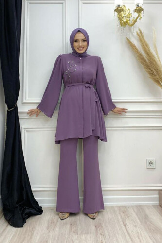 Taş İşleme Detaylı Kuşaklı Tunik ve Pantolonlu Takım 8432 Lila - 5
