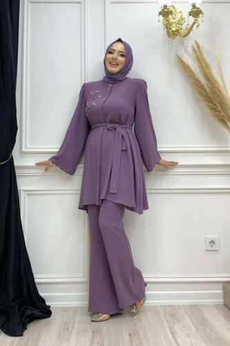 Taş İşleme Detaylı Kuşaklı Tunik ve Pantolonlu Takım 8432 Lila - 6