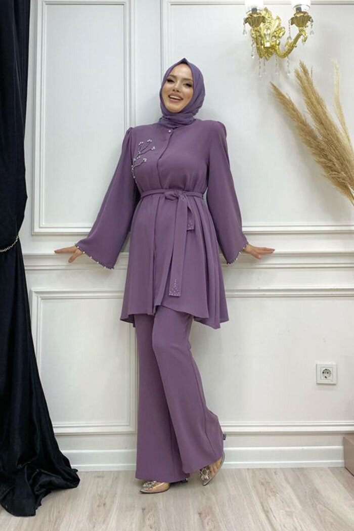 Taş İşleme Detaylı Kuşaklı Tunik ve Pantolonlu Takım 8432 Lila - 6