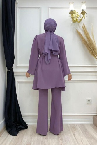 Taş İşleme Detaylı Kuşaklı Tunik ve Pantolonlu Takım 8432 Lila - 7