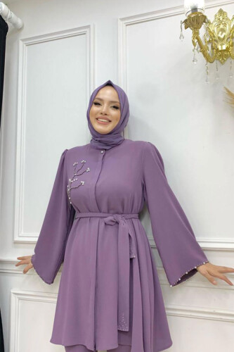 Taş İşleme Detaylı Kuşaklı Tunik ve Pantolonlu Takım 8432 Lila - 8