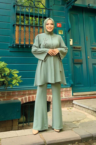 Taş İşleme Detaylı Kuşaklı Tunik ve Pantolonlu Takım 8432 Mint - 5