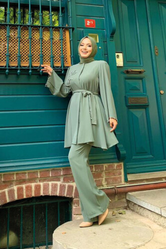 Taş İşleme Detaylı Kuşaklı Tunik ve Pantolonlu Takım 8432 Mint - 7