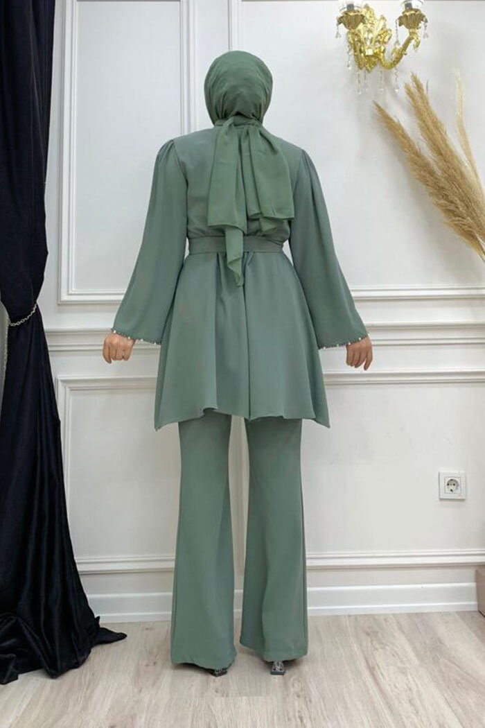Taş İşleme Detaylı Kuşaklı Tunik ve Pantolonlu Takım 8432 Mint - 8