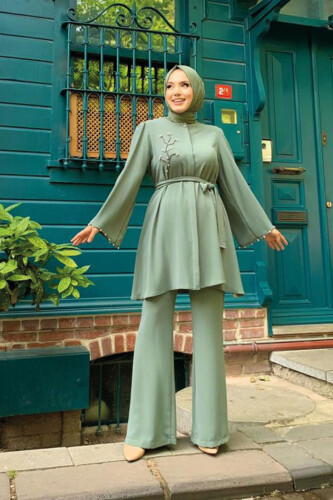 Taş İşleme Detaylı Kuşaklı Tunik ve Pantolonlu Takım 8432 Mint - 5