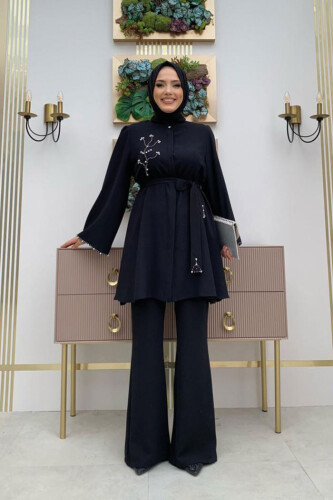 Taş İşleme Detaylı Kuşaklı Tunik ve Pantolonlu Takım 8432 Siyah - 5