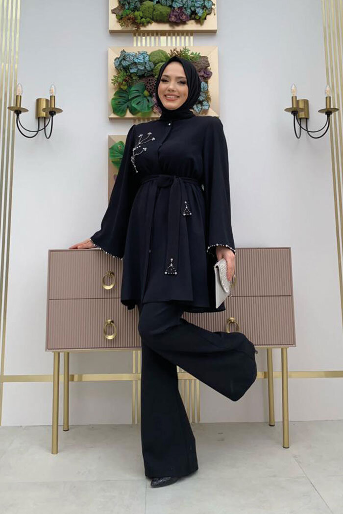 Taş İşleme Detaylı Kuşaklı Tunik ve Pantolonlu Takım 8432 Siyah - 6
