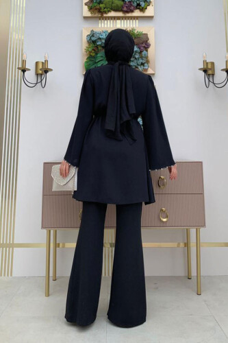 Taş İşleme Detaylı Kuşaklı Tunik ve Pantolonlu Takım 8432 Siyah - 7