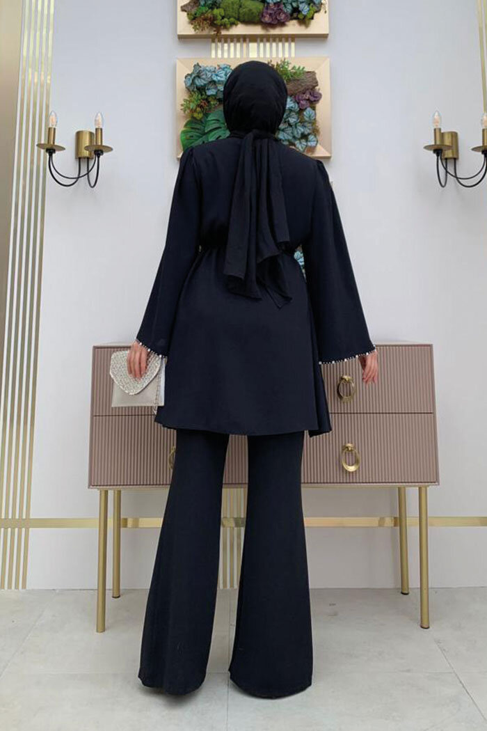 Taş İşleme Detaylı Kuşaklı Tunik ve Pantolonlu Takım 8432 Siyah - 7