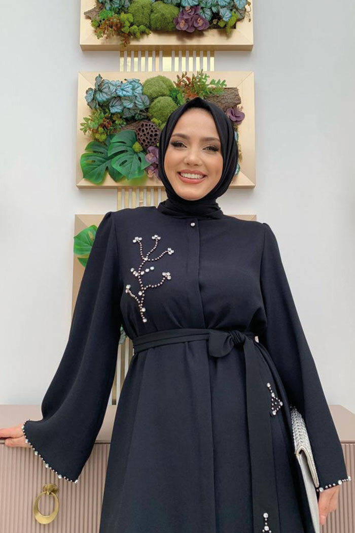 Taş İşleme Detaylı Kuşaklı Tunik ve Pantolonlu Takım 8432 Siyah - 8