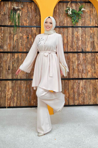 Taş İşleme Detaylı Kuşaklı Tunik ve Pantolonlu Takım 8432 Taş - 5