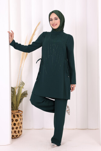 8447 Stone-printed Trouser Suit Emerald