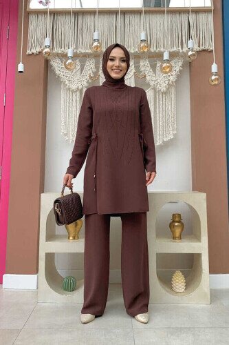 Taş Baskı Desenli Tunik Pantolon Takım 8447 Kahverengi 