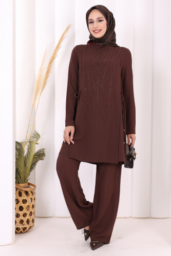 Taş Baskı Desenli Tunik Pantolon Takım 8447 Kahverengi 