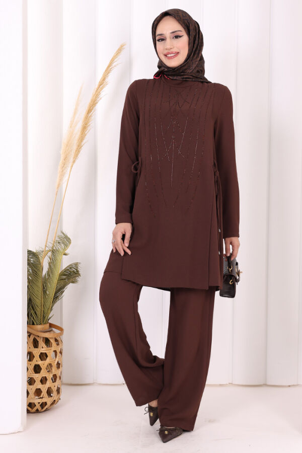Taş Baskı Desenli Tunik Pantolon Takım 8447 Kahverengi - 1