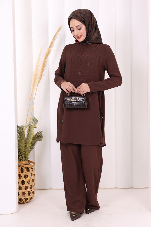 Taş Baskı Desenli Tunik Pantolon Takım 8447 Kahverengi - 2