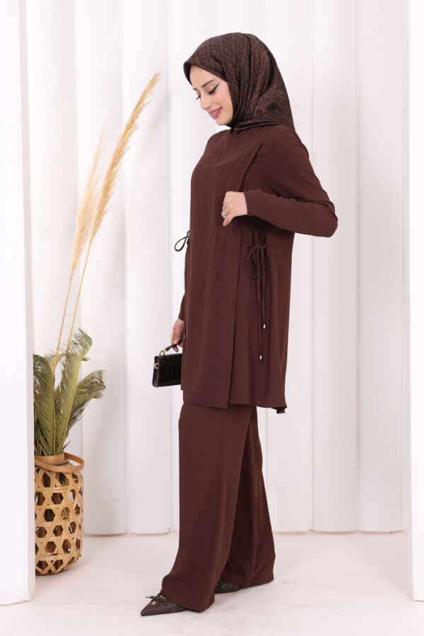 Taş Baskı Desenli Tunik Pantolon Takım 8447 Kahverengi - 3
