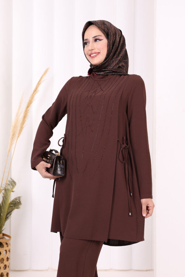 Taş Baskı Desenli Tunik Pantolon Takım 8447 Kahverengi - 4