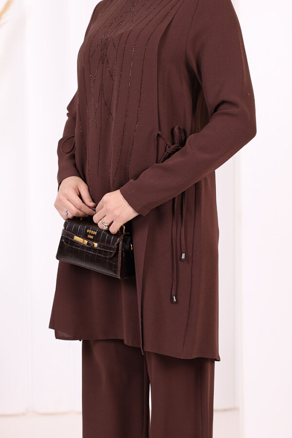 Taş Baskı Desenli Tunik Pantolon Takım 8447 Kahverengi - 5